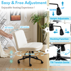 HAOYYE Criss Cross Chair with Wheels & pegs,Dual-Base Wide Armless Comfy Desk Chair Cross Legged,Adjustable Swivel Modern Vanity Chair,Computer Rolling Chair for Home Office,Makeup,Waxed PU,White