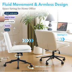 HAOYYE Criss Cross Chair with Wheels & pegs,Dual-Base Wide Armless Comfy Desk Chair Cross Legged,Adjustable Swivel Modern Vanity Chair,Computer Rolling Chair for Home Office,Makeup,Waxed PU,White