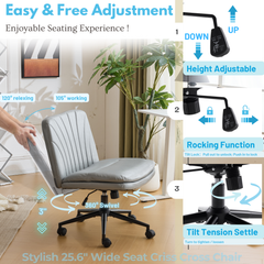 HAOYYE Criss Cross Chair with Wheels & pegs,Dual-Base Wide Armless Comfy Desk Chair Cross Legged,Adjustable Swivel Modern Vanity Chair,Computer Rolling Chair for Home Office,Makeup,Waxed PU,Grey soft