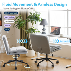 HAOYYE Criss Cross Chair with Wheels & pegs,Dual-Base Wide Armless Comfy Desk Chair Cross Legged,Adjustable Swivel Modern Vanity Chair,Computer Rolling Chair for Home Office,Makeup,Waxed PU,Grey soft