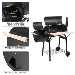 HAOYYE Barrel Charcoal Grill with Side Smoker, Thermometer, Front Shelf, and Wheels, Heavy Duty Outdoor BBQ Grill with High-Temp Coating for Patio Backyard Cooking