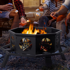 HAOYYE Outdoor Wood Burning Fire Pit with Spark Screen and Poker, Round Steel Backyard Bonfire Pit Bowl for Patio Garden Camping Deck Party Heating Decoration, Durable Weather-Resistant Design