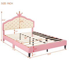 HAOYYE Full Size Princess Bed with Crown-Shaped Tufted Headboard, Fantasy PU Leather Upholstered Platform Bed, Sturdy Frame, Soft & Comfortable Design for Girls' Bedroom, Pink & Cream, No Box Spring Needed