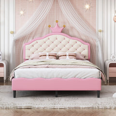 HAOYYE Full Size Princess Bed with Crown-Shaped Tufted Headboard, Fantasy PU Leather Upholstered Platform Bed, Sturdy Frame, Soft & Comfortable Design for Girls' Bedroom, Pink & Cream, No Box Spring Needed