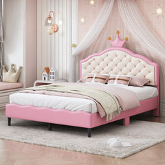 HAOYYE Full Size Princess Bed with Crown-Shaped Tufted Headboard, Fantasy PU Leather Upholstered Platform Bed, Sturdy Frame, Soft & Comfortable Design for Girls' Bedroom, Pink & Cream, No Box Spring Needed