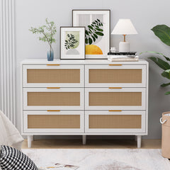 HAOYYE 6-Drawer Rattan Storage Cabinet with White Finish, Stylish and Functional Organizer for Bedroom, Living Room, or Hallway, Elegant Rattan Drawer Design, Space-Saving