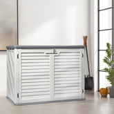 HAOYYE Outdoor Storage Shed Horizontal Lockable Cabinet Weatherproof Storage Box for Garbage Cans Lawn Mower Garden Tools Patio Equipment Backyard Organizer Gray and White