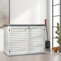 HAOYYE Outdoor Storage Shed Horizontal Lockable Cabinet Weatherproof Storage Box for Garbage Cans Lawn Mower Garden Tools Patio Equipment Backyard Organizer Gray and White