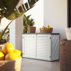 HAOYYE Outdoor Storage Shed Horizontal Lockable Cabinet Weatherproof Storage Box for Garbage Cans Lawn Mower Garden Tools Patio Equipment Backyard Organizer Gray and White