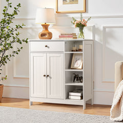 HAOYYE White Double Door Bathroom Storage Cabinet with Adjustable Shelves Drawer and Open Side Racks Modern Freestanding Organizer for Bathroom Living Room or Entryway