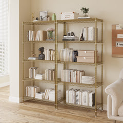 HAOYYE 5-Tier Metal Display Stand with Adjustable Shelves, High-Gloss Gold, Sturdy Storage Rack with Adjustable Feet, Modern Open Shelf Organizer for Living Room, Office, or Retail Display, Space-Saving Design