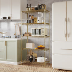 HAOYYE 5-Tier Metal Display Stand with Adjustable Shelves, High-Gloss Gold, Sturdy Storage Rack with Adjustable Feet, Modern Open Shelf Organizer for Living Room, Office, or Retail Display, Space-Saving Design