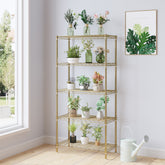 HAOYYE 5-Tier Metal Display Stand with Adjustable Shelves, High-Gloss Gold, Sturdy Storage Rack with Adjustable Feet, Modern Open Shelf Organizer for Living Room, Office, or Retail Display, Space-Saving Design