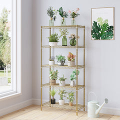 HAOYYE 5-Tier Metal Display Stand with Adjustable Shelves, High-Gloss Gold, Sturdy Storage Rack with Adjustable Feet, Modern Open Shelf Organizer for Living Room, Office, or Retail Display, Space-Saving Design
