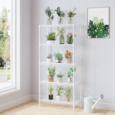 HAOYYE 5-Tier Metal Display Stand with Adjustable Shelves, High-Gloss White, Sturdy Storage Rack with Adjustable Feet, Modern Open Shelf Organizer for Living Room, Office, or Retail Display, Space-Saving Design