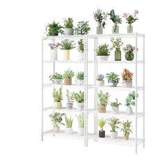 HAOYYE 5-Tier Metal Display Stand with Adjustable Shelves, High-Gloss White, Sturdy Storage Rack with Adjustable Feet, Modern Open Shelf Organizer for Living Room, Office, or Retail Display, Space-Saving Design