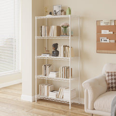 HAOYYE 5-Tier Metal Display Stand with Adjustable Shelves, High-Gloss White, Sturdy Storage Rack with Adjustable Feet, Modern Open Shelf Organizer for Living Room, Office, or Retail Display, Space-Saving Design