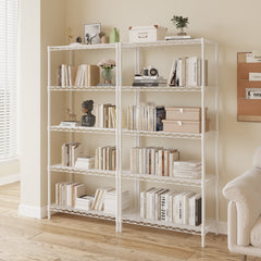 HAOYYE 5-Tier Metal Display Stand with Adjustable Shelves, High-Gloss White, Sturdy Storage Rack with Adjustable Feet, Modern Open Shelf Organizer for Living Room, Office, or Retail Display, Space-Saving Design