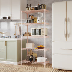 HAOYYE 5-Tier Metal Display Stand with Adjustable Shelves, High-Gloss Pink, Sturdy Storage Rack with Adjustable Feet, Modern Open Shelf Organizer for Living Room, Office, or Retail Display, Space-Saving Design