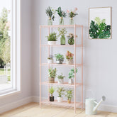 HAOYYE 5-Tier Metal Display Stand with Adjustable Shelves, High-Gloss Pink, Sturdy Storage Rack with Adjustable Feet, Modern Open Shelf Organizer for Living Room, Office, or Retail Display, Space-Saving Design