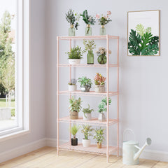 HAOYYE 5-Tier Metal Display Stand with Adjustable Shelves, High-Gloss Pink, Sturdy Storage Rack with Adjustable Feet, Modern Open Shelf Organizer for Living Room, Office, or Retail Display, Space-Saving Design
