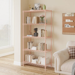 HAOYYE 5-Tier Metal Display Stand with Adjustable Shelves, High-Gloss Pink, Sturdy Storage Rack with Adjustable Feet, Modern Open Shelf Organizer for Living Room, Office, or Retail Display, Space-Saving Design