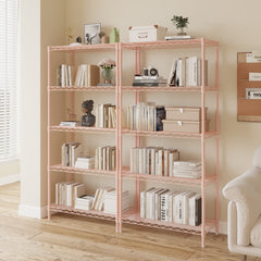 HAOYYE 5-Tier Metal Display Stand with Adjustable Shelves, High-Gloss Pink, Sturdy Storage Rack with Adjustable Feet, Modern Open Shelf Organizer for Living Room, Office, or Retail Display, Space-Saving Design