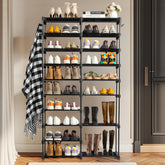 HAOYYE Double-Row 10-Tier Shoe Rack, Non-Woven Fabric Shelves with Sturdy Iron Pipe Frame, Black, Space-Saving Shoe Storage Organizer with PP Pads for Stability, Ideal for Entryway, Closet, and Bedroom
