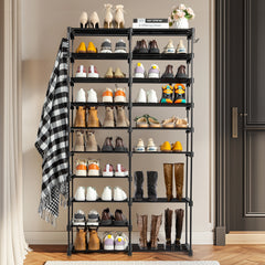 HAOYYE Double-Row 10-Tier Shoe Rack, Non-Woven Fabric Shelves with Sturdy Iron Pipe Frame, Black, Space-Saving Shoe Storage Organizer with PP Pads for Stability, Ideal for Entryway, Closet, and Bedroom