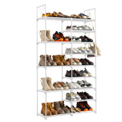 HAOYYE Double-Row 9-Tier Shoe Rack, Non-Woven Fabric Shelves with Sturdy Iron Pipe Frame, White , Space-Saving Shoe Storage Organizer with PP Pads for Stability, Ideal for Entryway, Closet, and Bedroom