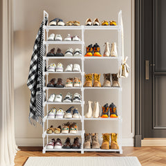 HAOYYE Double-Row 9-Tier Shoe Rack, Non-Woven Fabric Shelves with Sturdy Iron Pipe Frame, White , Space-Saving Shoe Storage Organizer with PP Pads for Stability, Ideal for Entryway, Closet, and Bedroom