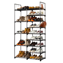HAOYYE Double-Row 9-Tier Shoe Rack, Non-Woven Fabric Shelves with Sturdy Iron Pipe Frame, Black , Space-Saving Shoe Storage Organizer with PP Pads for Stability, Ideal for Entryway, Closet, and Bedroom