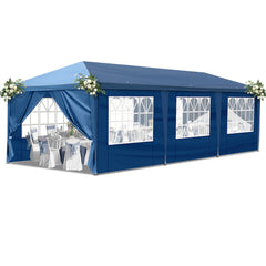 HAOYYE 10x30ft Blue Canopy Tent with 8 Removable Sidewalls Including 6 Windows and 2 Zippered Doors Waterproof Oxford Fabric Portable Folding Event Shelter with White Powder Coated Steel Frame Sandbags and Wheeled Carry Bag for Outdoor Use