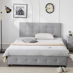 HAOYYE Upholstered Full Platform Storage Bed Frame with 4 Drawers, Adjustable Headboard with Button Tufted Design, Wooden Slat Support, No Box Spring Needed, Light Grey