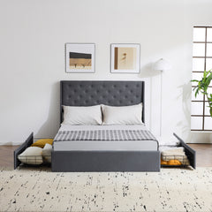 HAOYYE Upholstered Queen Platform Storage Bed Frame with 4 Drawers Wingback Headboard Button Tufted Wooden Slats No Box Spring Needed