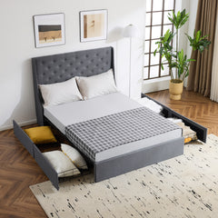 HAOYYE Upholstered Queen Platform Storage Bed Frame with 4 Drawers Wingback Headboard Button Tufted Wooden Slats No Box Spring Needed