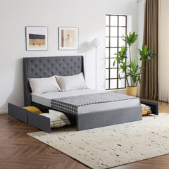 HAOYYE Upholstered Queen Platform Storage Bed Frame with 4 Drawers Wingback Headboard Button Tufted Wooden Slats No Box Spring Needed