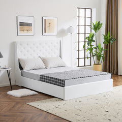 HAOYYE Upholstered Queen Platform Bed Frame With 4 Drawers Wingback Headboard Button Tufted Linen No Box Spring Needed