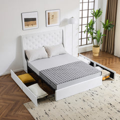 HAOYYE Upholstered Queen Platform Bed Frame With 4 Drawers Wingback Headboard Button Tufted Linen No Box Spring Needed