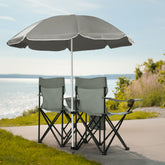 HAOYYE Portable 2-Seat Folding Chair with Removable Sun Umbrella, Gray, Sturdy Outdoor Camping Bench with Built-in Cup Holders, Lightweight and Space-Saving Design, Ideal for Beach, Picnic, Patio, and Outdoor Activities