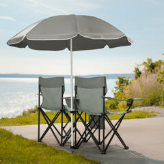 HAOYYE Portable 2-Seat Folding Chair with Removable Sun Umbrella, Gray, Sturdy Outdoor Camping Bench with Built-in Cup Holders, Lightweight and Space-Saving Design, Ideal for Beach, Picnic, Patio, and Outdoor Activities