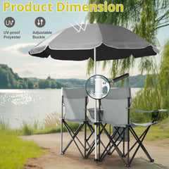 HAOYYE Portable 2-Seat Folding Chair with Removable Sun Umbrella, Gray, Sturdy Outdoor Camping Bench with Built-in Cup Holders, Lightweight and Space-Saving Design, Ideal for Beach, Picnic, Patio, and Outdoor Activities
