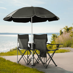 HAOYYE Portable 2-Seat Folding Chair with Removable Sun Umbrella, Black, Sturdy Outdoor Camping Bench with Built-in Cup Holders, Lightweight and Space-Saving Design, Ideal for Beach, Picnic, Patio, and Outdoor Activities