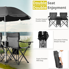 HAOYYE Portable 2-Seat Folding Chair with Removable Sun Umbrella, Black, Sturdy Outdoor Camping Bench with Built-in Cup Holders, Lightweight and Space-Saving Design, Ideal for Beach, Picnic, Patio, and Outdoor Activities