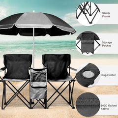 HAOYYE Portable 2-Seat Folding Chair with Removable Sun Umbrella, Black, Sturdy Outdoor Camping Bench with Built-in Cup Holders, Lightweight and Space-Saving Design, Ideal for Beach, Picnic, Patio, and Outdoor Activities