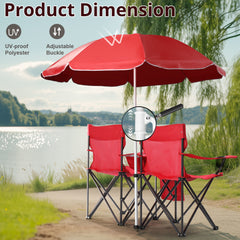 HAOYYE Portable 2-Seat Folding Chair with Removable Sun Umbrella, Red, Sturdy Outdoor Camping Bench with Built-in Cup Holders, Lightweight and Space-Saving Design, Ideal for Beach, Picnic, Patio, and Outdoor Activities