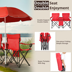 HAOYYE Portable 2-Seat Folding Chair with Removable Sun Umbrella, Red, Sturdy Outdoor Camping Bench with Built-in Cup Holders, Lightweight and Space-Saving Design, Ideal for Beach, Picnic, Patio, and Outdoor Activities