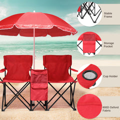 HAOYYE Portable 2-Seat Folding Chair with Removable Sun Umbrella, Red, Sturdy Outdoor Camping Bench with Built-in Cup Holders, Lightweight and Space-Saving Design, Ideal for Beach, Picnic, Patio, and Outdoor Activities