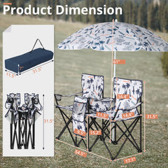 HAOYYE Portable 2-Seat Folding Chair with Removable Sun Umbrella, Sturdy Outdoor Camping Bench with Built-in Cup Holders, Lightweight and Space-Saving Design, Ideal for Beach, Picnic, Patio, and Outdoor Adventures