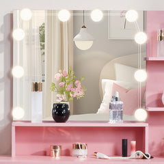 HAOYYE Pink Textured Particle Board with Melamine Coating Vanity Set with 1 Drawer, 1 Door, and 3 Shelf Layers, featuring Three-Tone Dimmable Globe Bulb Lamp